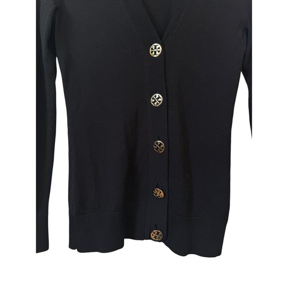 TORY BURCH Simone Cardigan Black Gold Oversized Logo Buttons Merino Wool Size XS - Picture 4 of 8